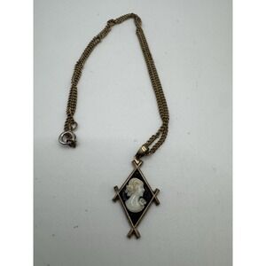 Small Art Deco Black & White Glass Cameo Pendant On Gold Tone Chain - 18"
